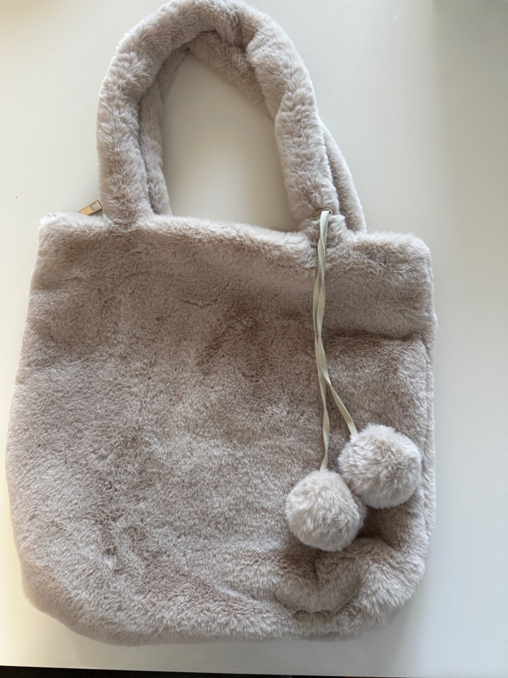 Cozy Faux Fur Tote with Pom-Pom Accent - Taupe